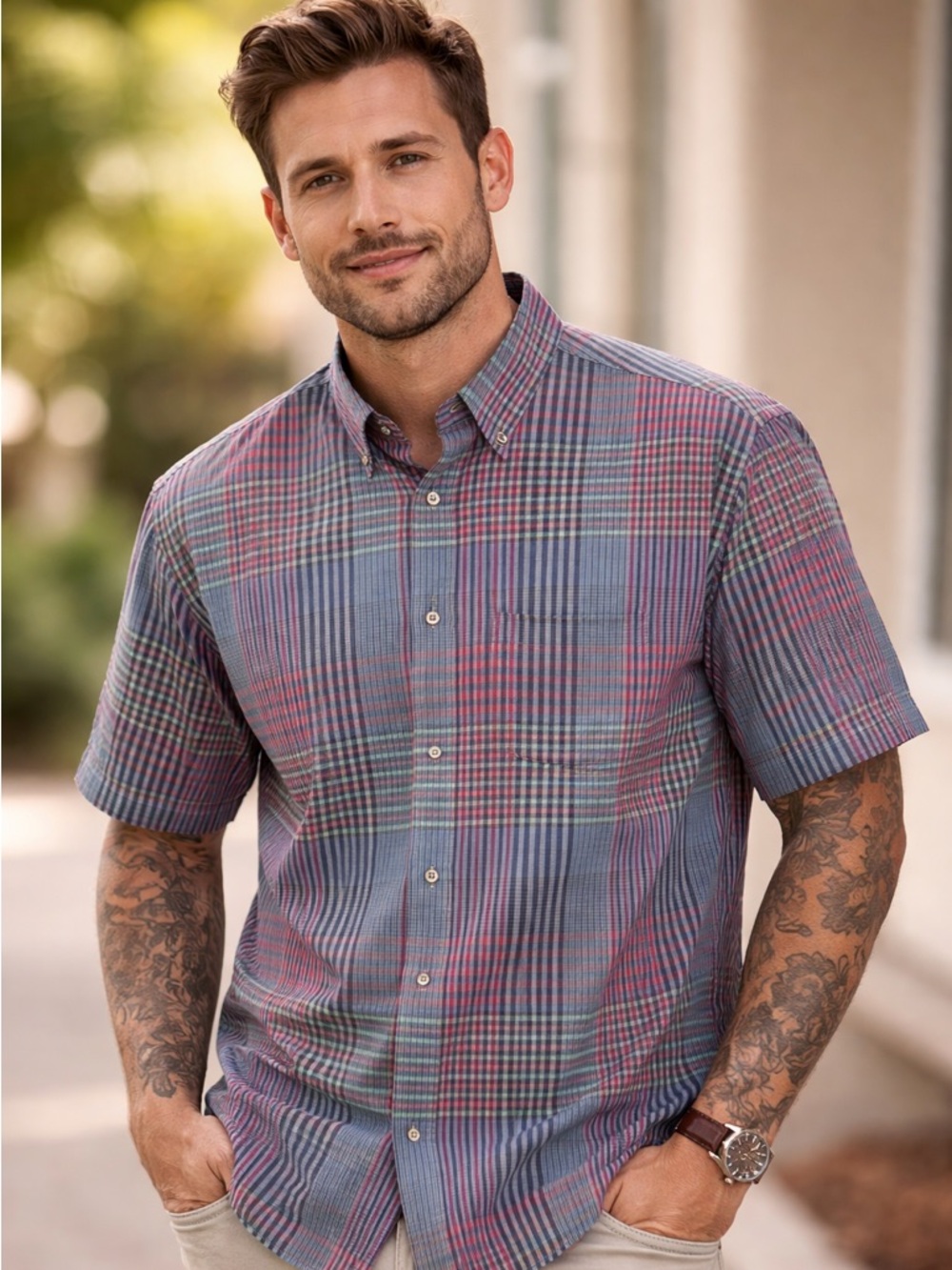 Vintage Pendleton Short-Sleeve Plaid Button-Down Shirt in Blue and Red